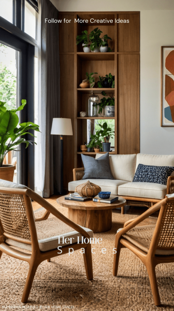 A living room featuring natural wood furniture, a jute rug, and rattan chairs.