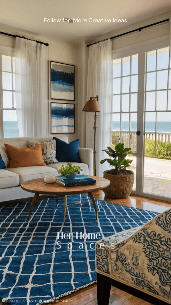 A living room with layered coastal rugs, adding warmth and texture to the space.