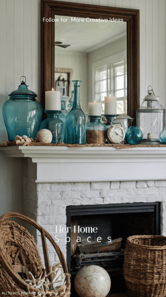 A mantel adorned with vintage coastal finds, creating a nostalgic, seaside vibe.