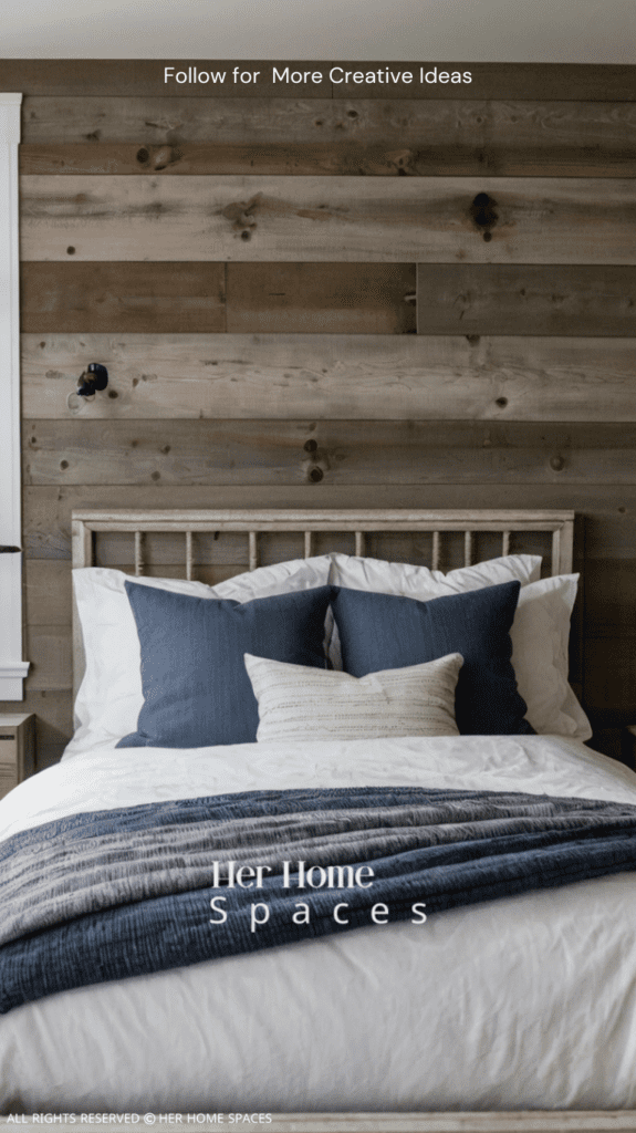 A bedroom with a shiplap accent wall, creating a cozy, coastal atmosphere.