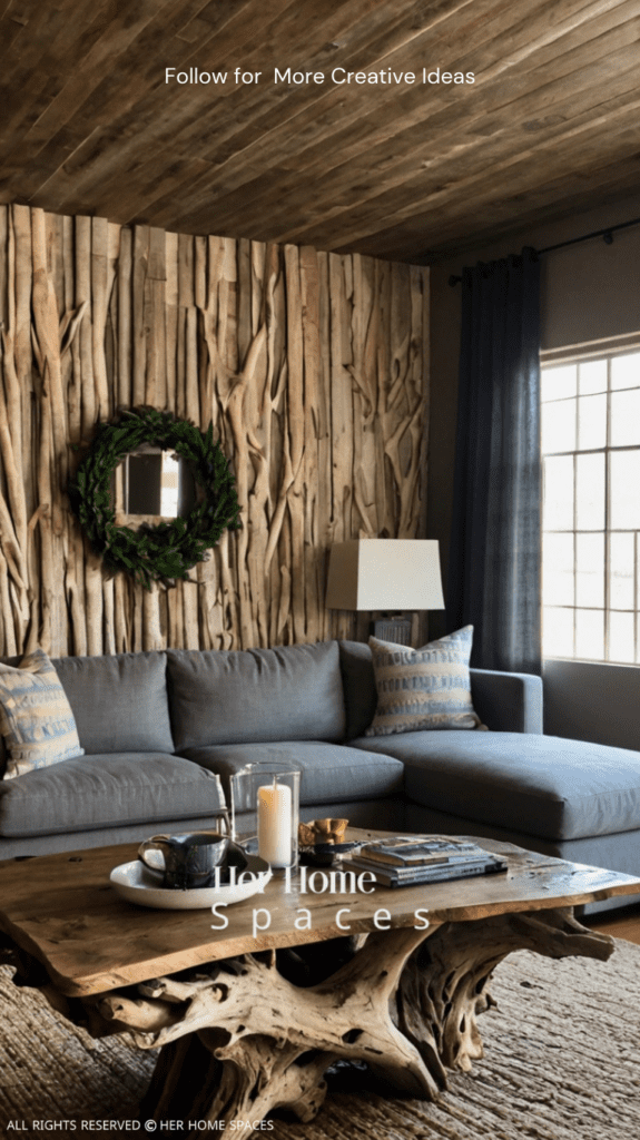 A living room featuring a driftwood coffee table and driftwood wall art.