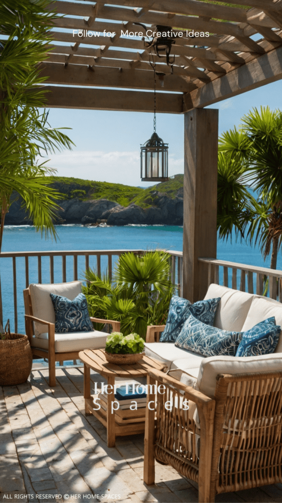 An outdoor space with coastal furniture, lanterns, and lush greenery.