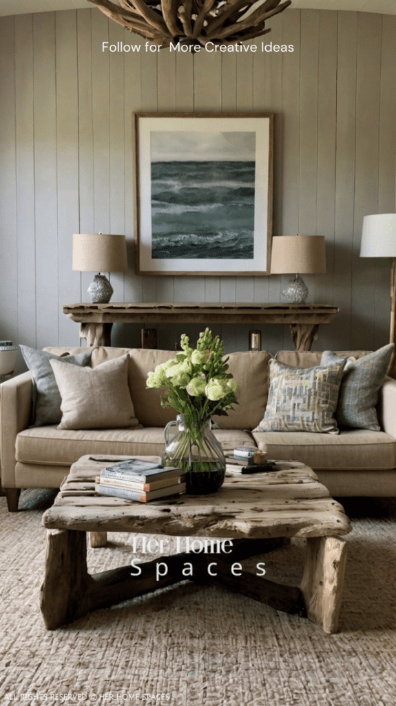 A living room featuring a driftwood coffee table and driftwood wall art.