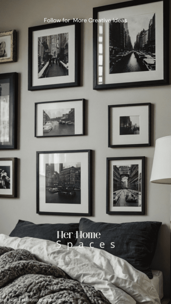 A gallery wall in a bedroom, featuring a mix of framed photos, artwork, and personal mementos.