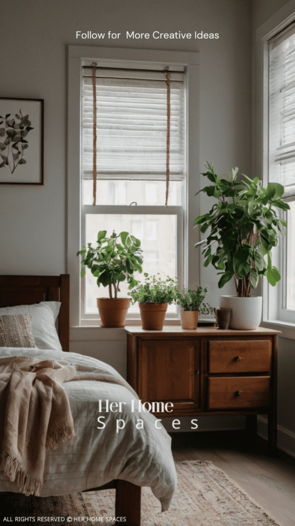 A bedroom with houseplants on the windowsill, a wooden bed frame, and a vase of fresh flowers on the nightstand.