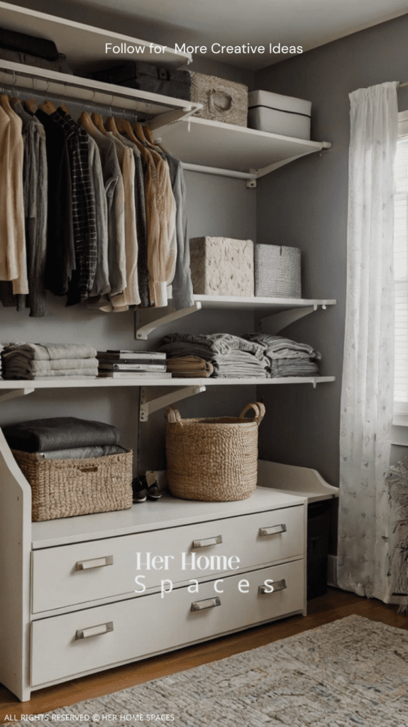 A tidy bedroom with a well-organized closet, a neat nightstand, and under-bed storage bins.