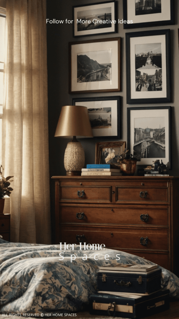  A bedroom with personal touches, including family photos, a stack of books, and travel souvenirs displayed on a dresser.