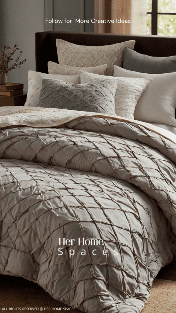 A beautifully made bed with layered pillows, a throw blanket, and a stylish comforter set.