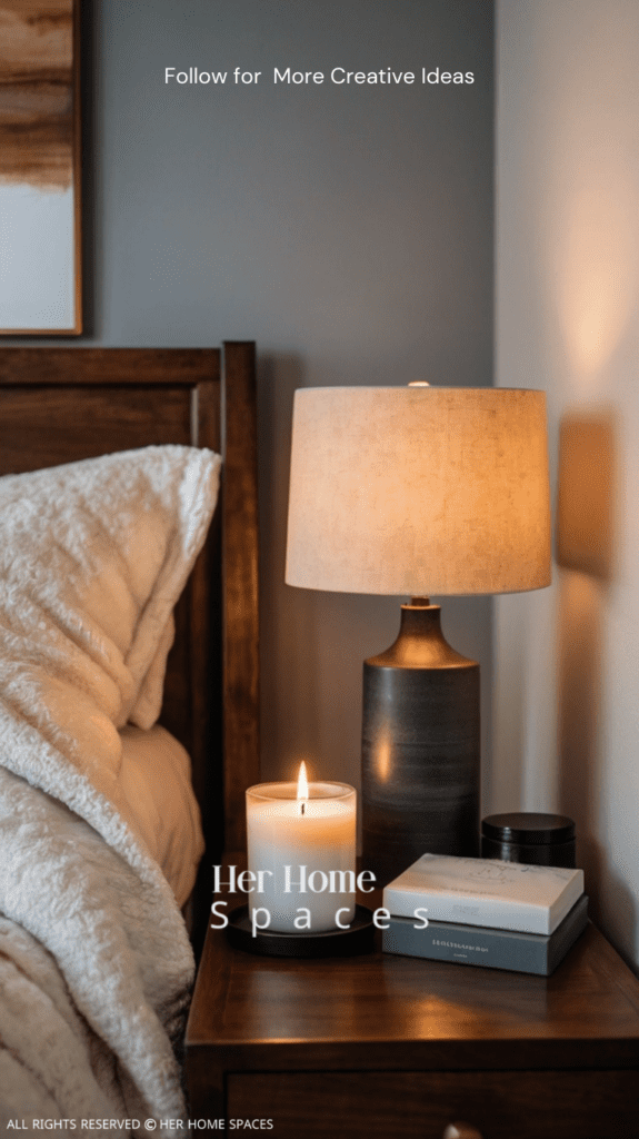  A bedroom with a lit scented candle on the nightstand, an essential oil diffuser on a shelf, and a cozy ambiance.