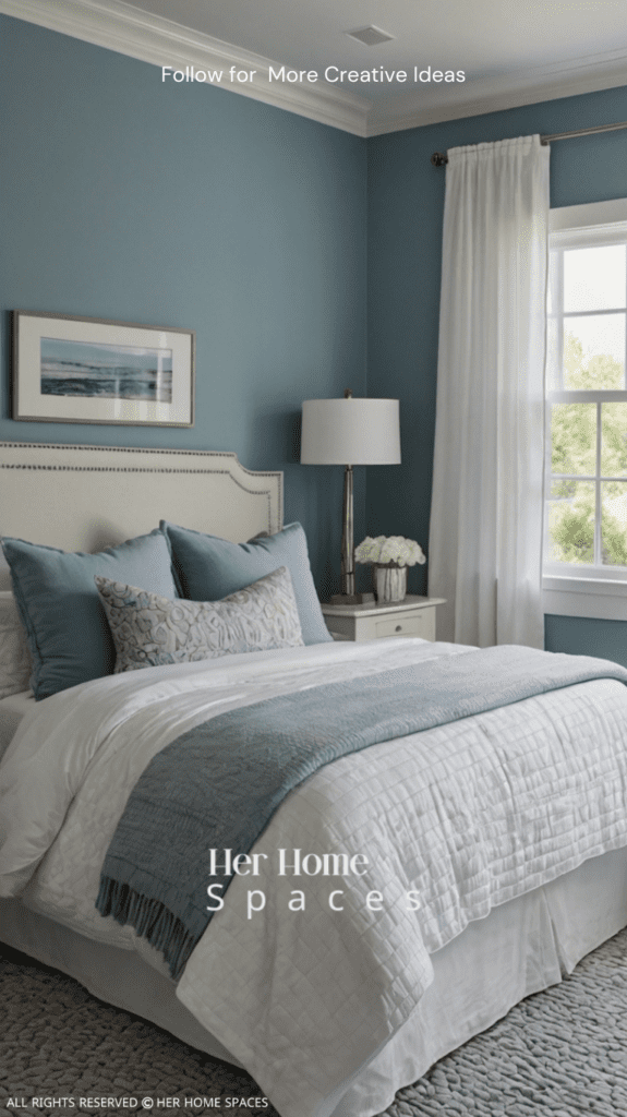  A bedroom with a calming pale blue accent wall, white trim, and coordinating bedding.