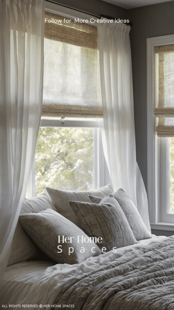  A bedroom window with layered treatments, featuring white sheer curtains over roller shades.