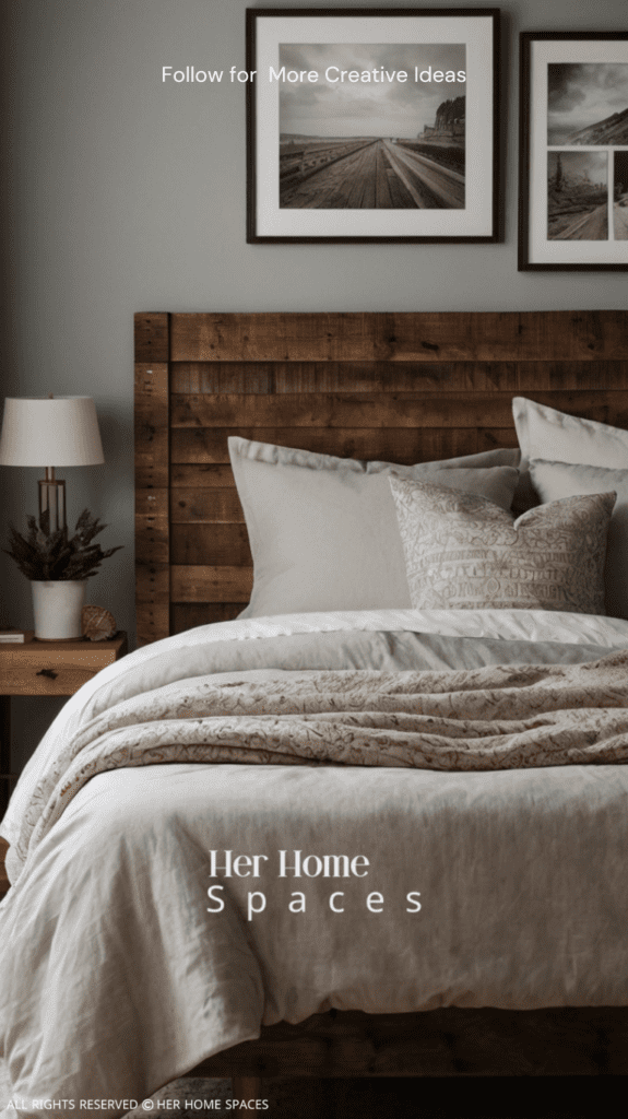 A bedroom showcasing a DIY wooden headboard with a rustic finish, paired with cozy bedding.