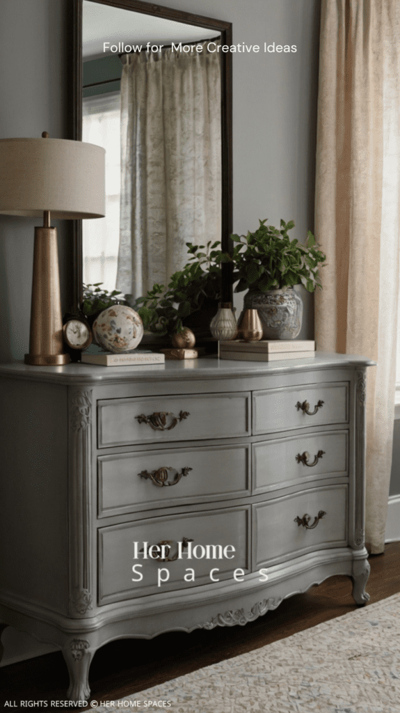 A bedroom featuring a freshly painted dresser updated nightstands, and a stylish new furniture arrangement.