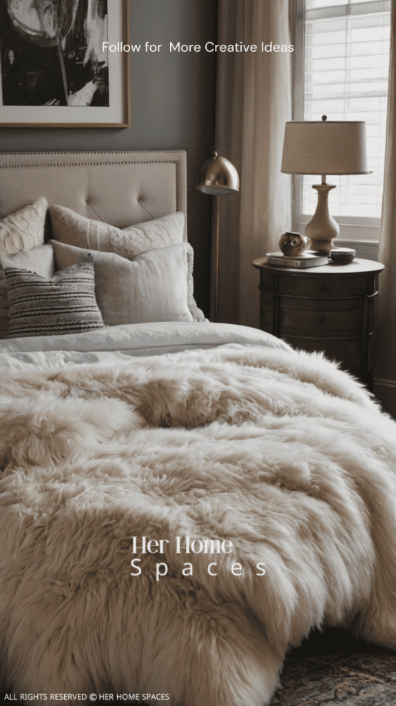  A bedroom with a cozy sheepskin rug beside the bed, layered throw blankets, and textured decorative pillows.