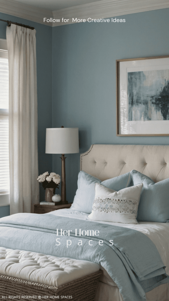  A bedroom with a calming pale blue accent wall, white trim, and coordinating bedding.