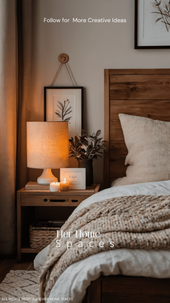  A bedroom with a lit scented candle on the nightstand, an essential oil diffuser on a shelf, and a cozy ambiance.