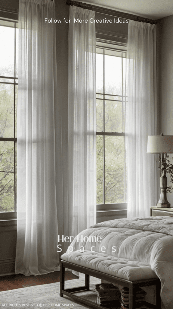  A bedroom window with layered treatments, featuring white sheer curtains over roller shades.