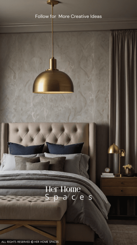 A bedroom featuring a statement pendant light, paired with bedside lamps and subtle ambient lighting.