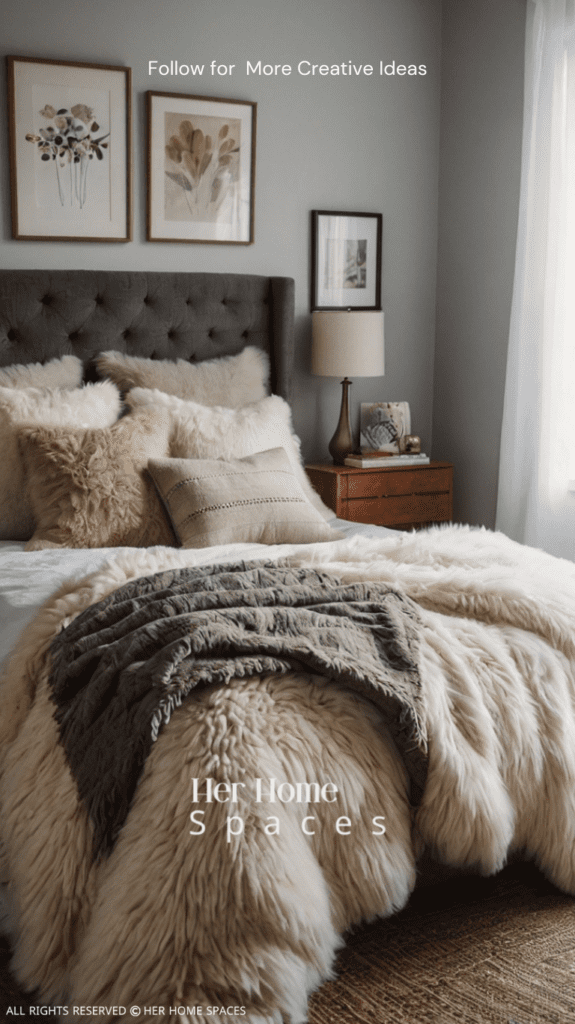  A bedroom with a cozy sheepskin rug beside the bed, layered throw blankets, and textured decorative pillows.