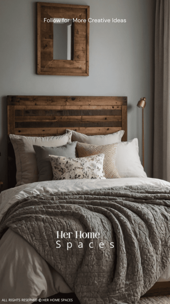 A bedroom showcasing a DIY wooden headboard with a rustic finish, paired with cozy bedding.