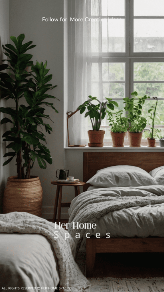 A bedroom with houseplants on the windowsill, a wooden bed frame, and a vase of fresh flowers on the nightstand.