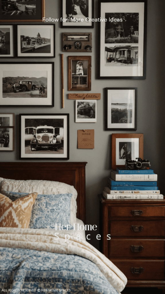  A bedroom with personal touches, including family photos, a stack of books, and travel souvenirs displayed on a dresser.