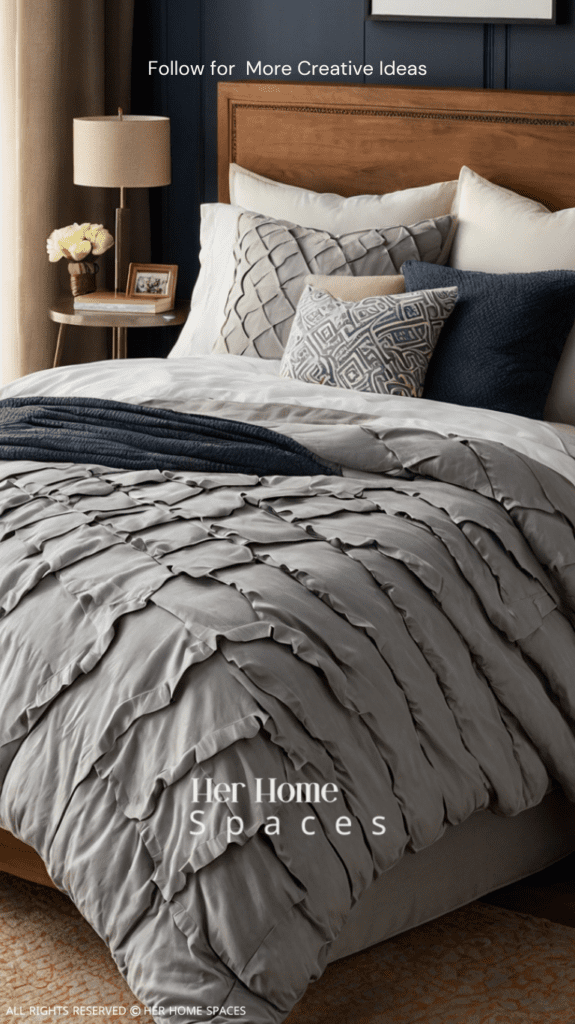 A beautifully made bed with layered pillows, a throw blanket, and a stylish comforter set.