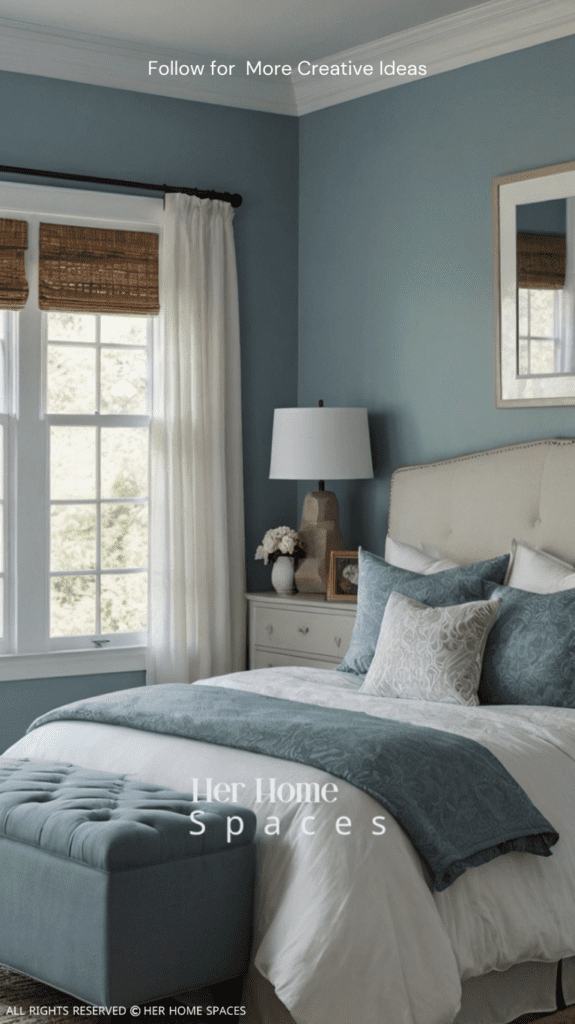  A bedroom with a calming pale blue accent wall, white trim, and coordinating bedding.