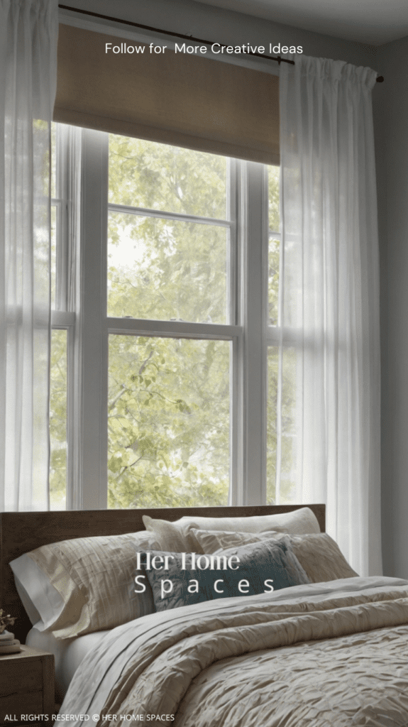  A bedroom window with layered treatments, featuring white sheer curtains over roller shades.