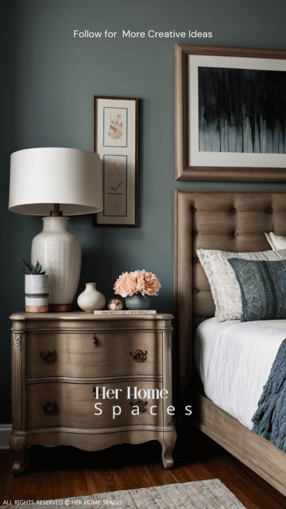 A bedroom featuring a freshly painted dresser updated nightstands, and a stylish new furniture arrangement.