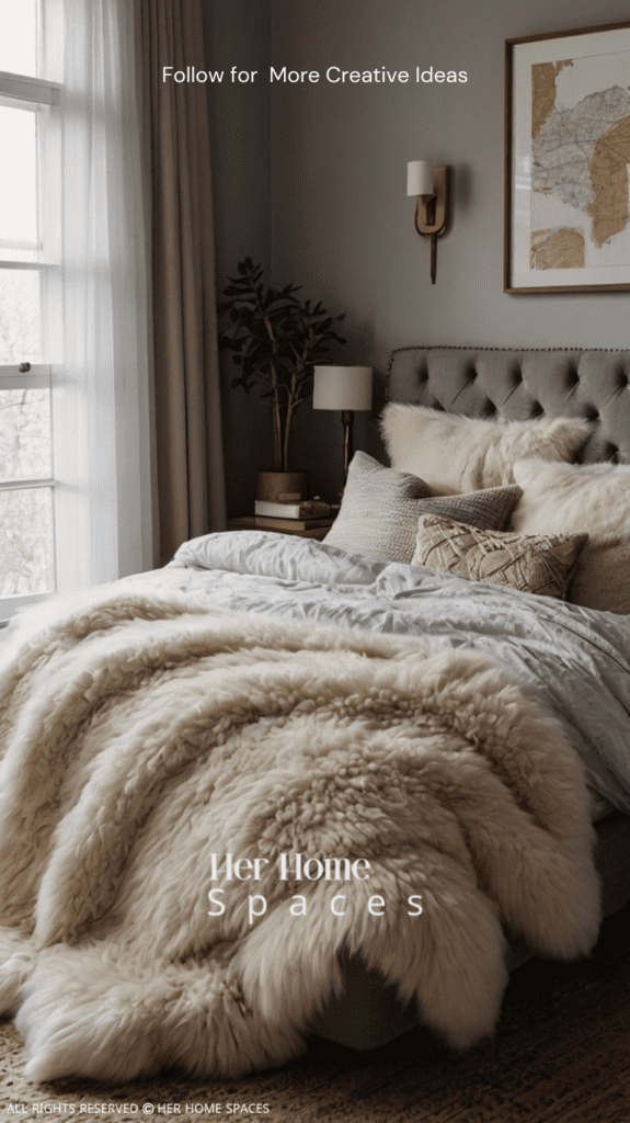  A bedroom with a cozy sheepskin rug beside the bed, layered throw blankets, and textured decorative pillows.