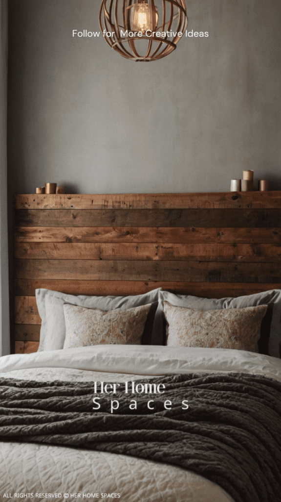 A bedroom showcasing a DIY wooden headboard with a rustic finish, paired with cozy bedding.