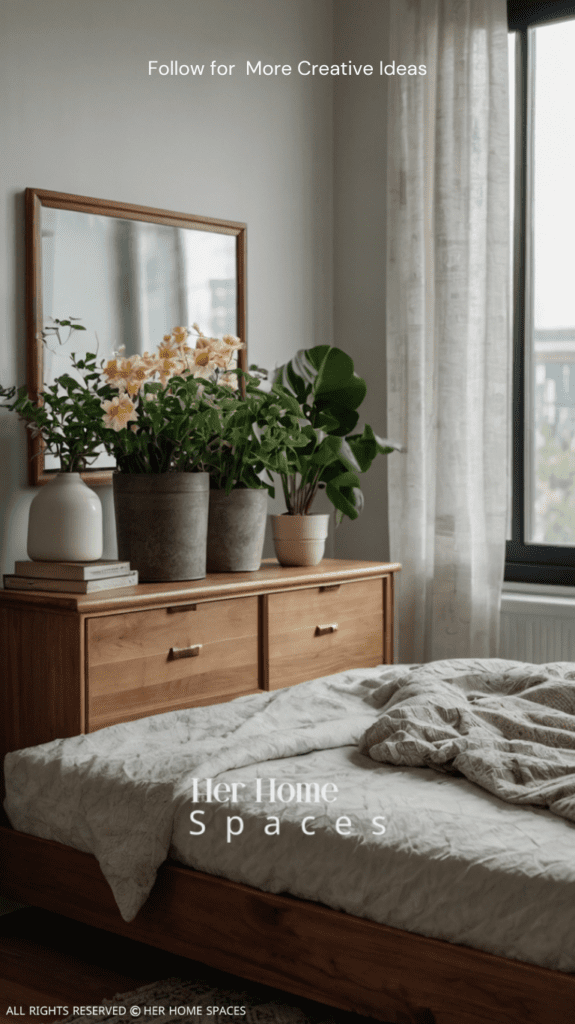 A bedroom with houseplants on the windowsill, a wooden bed frame, and a vase of fresh flowers on the nightstand.