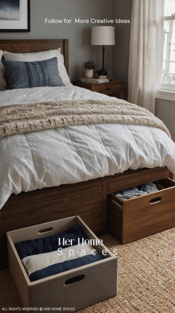 A tidy bedroom with a well-organized closet, a neat nightstand, and under-bed storage bins.