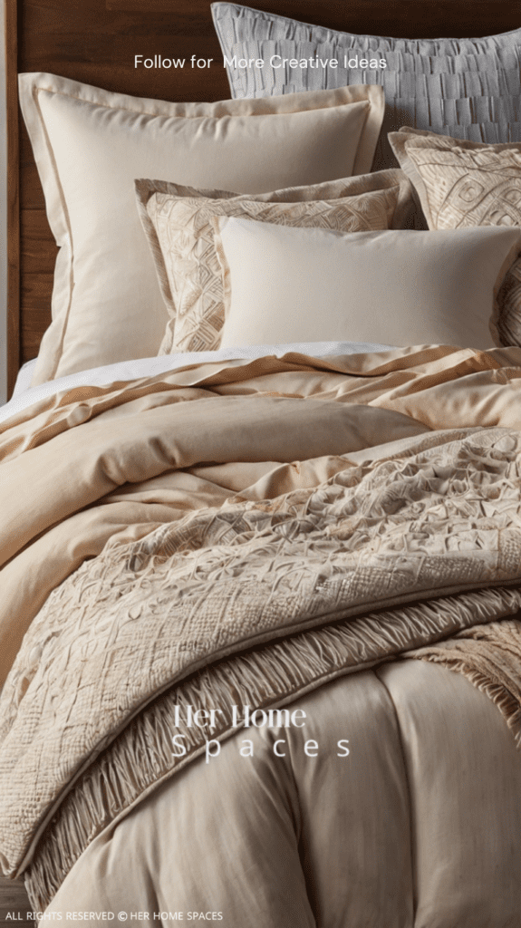 A beautifully made bed with layered pillows, a throw blanket, and a stylish comforter set.