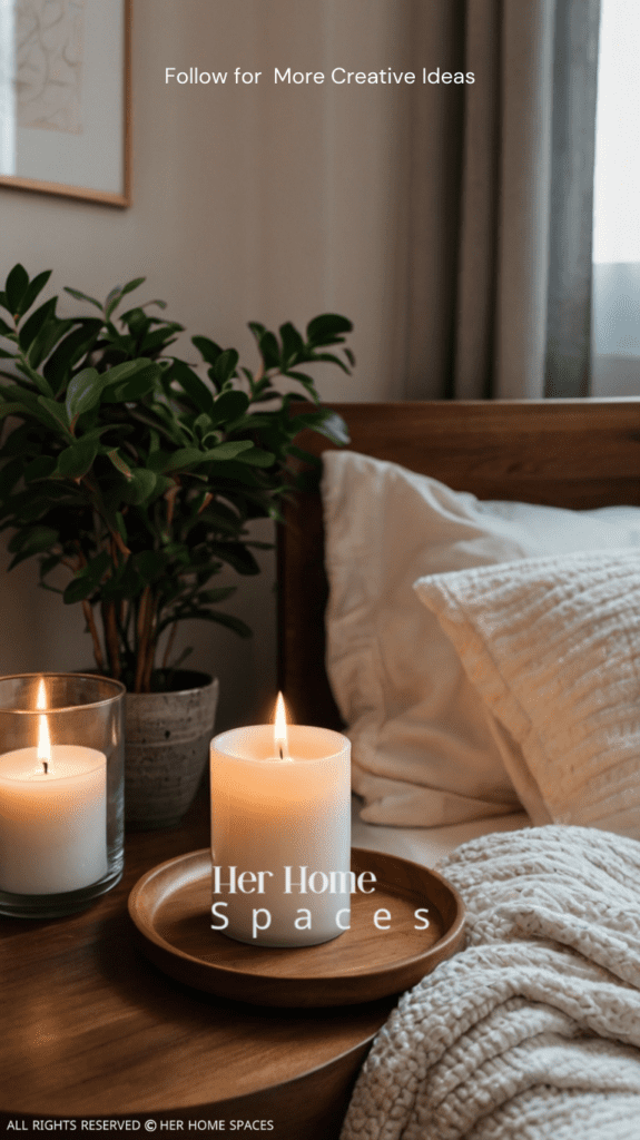  A bedroom with a lit scented candle on the nightstand, an essential oil diffuser on a shelf, and a cozy ambiance.