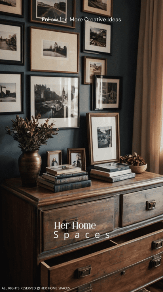  A bedroom with personal touches, including family photos, a stack of books, and travel souvenirs displayed on a dresser.