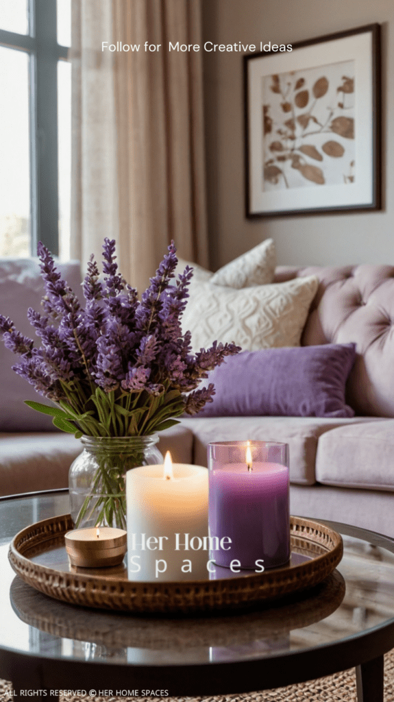 A cozy living room with a lavender-scented candle on a coffee table, creating a warm and inviting atmosphere.