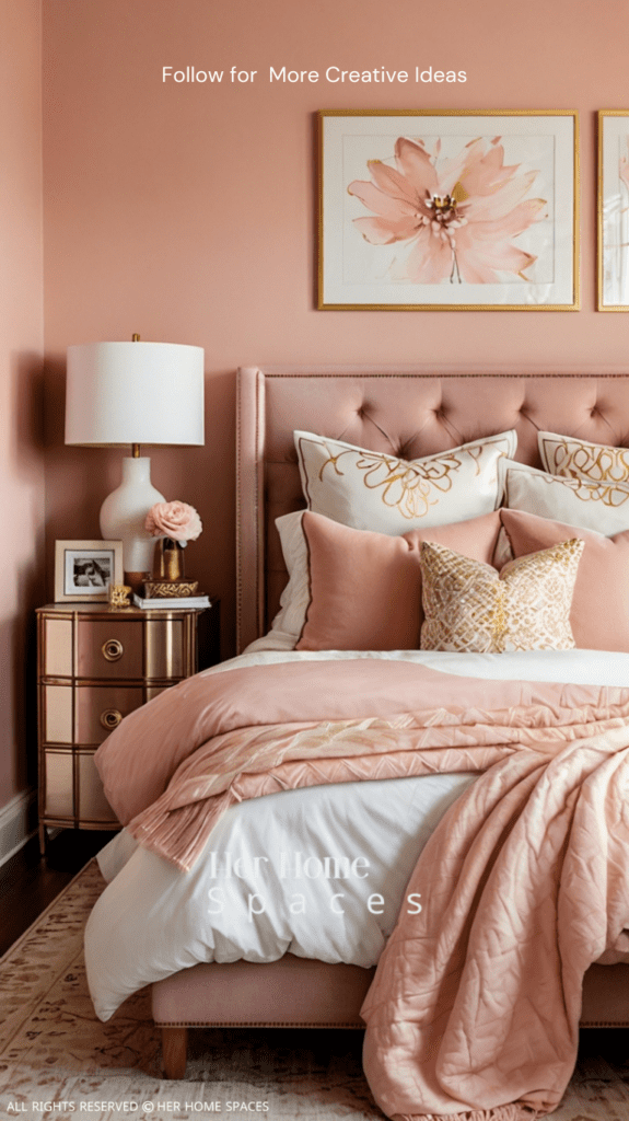 A cozy bedroom with blush pink walls, accented with white and gold decor, showcasing the power of color in personalizing a space.