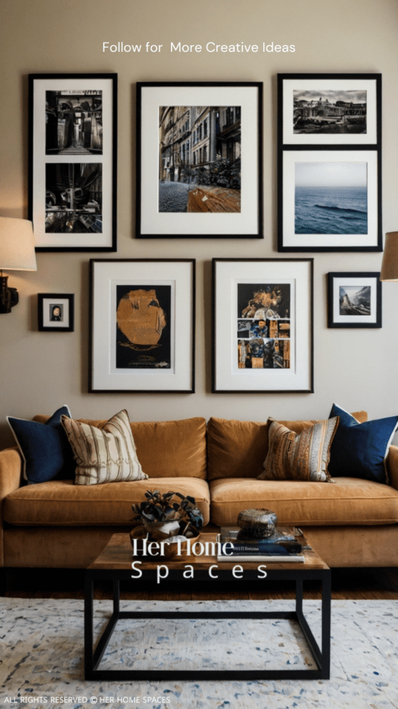  A living room with a gallery wall featuring a mix of personal photos, artwork, and travel souvenirs, creates a space that feels uniquely personal.