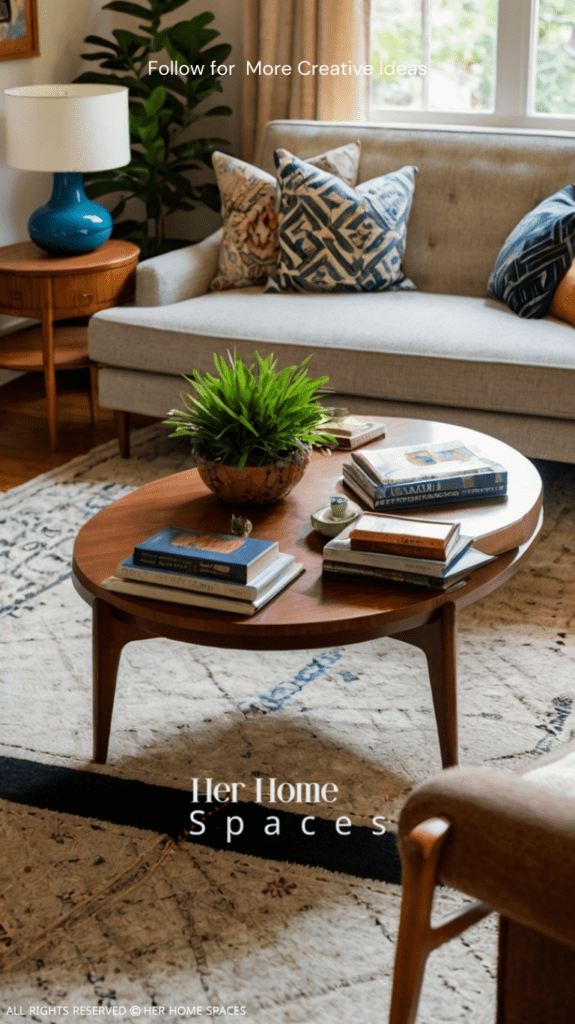 A living room with a mid-century modern sofa, an antique coffee table, and eclectic decor elements, showing how different styles can work together harmoniously.