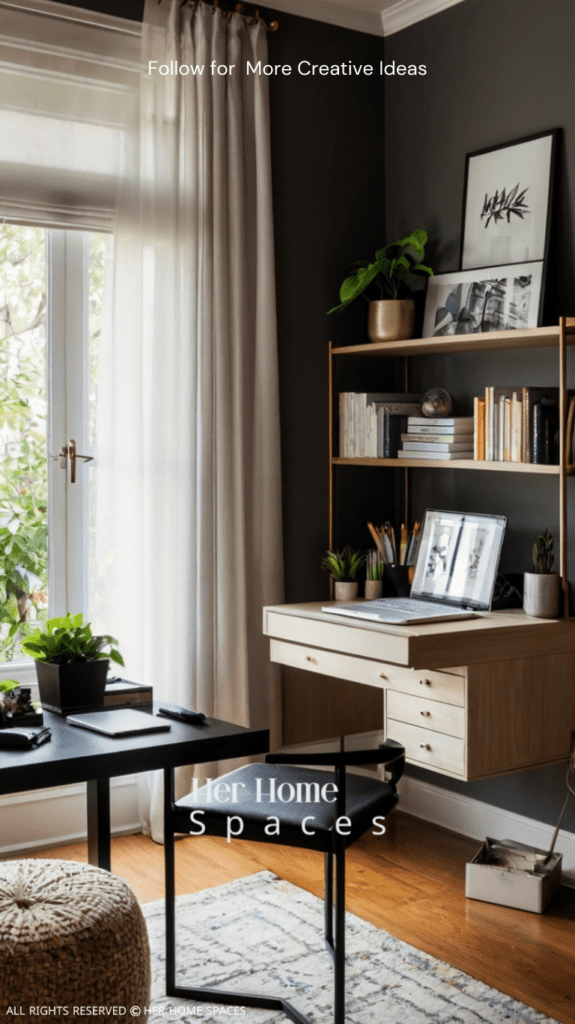  A stylish home office corner in a living room, showing how functional design can blend with personal style.