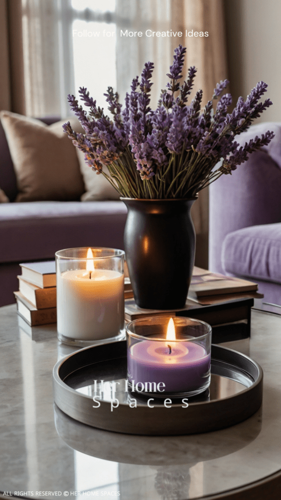 A cozy living room with a lavender-scented candle on a coffee table, creating a warm and inviting atmosphere.