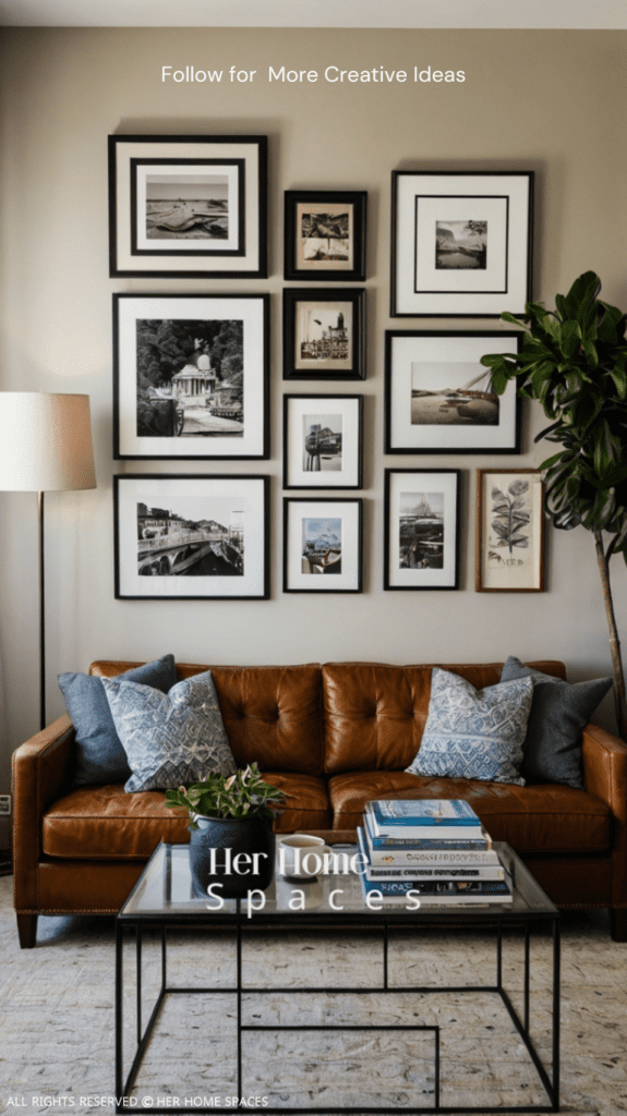  A living room with a gallery wall featuring a mix of personal photos, artwork, and travel souvenirs, creates a space that feels uniquely personal.