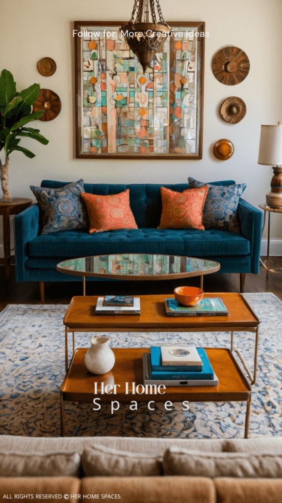 A living room with a mid-century modern sofa, an antique coffee table, and eclectic decor elements, showing how different styles can work together harmoniously.