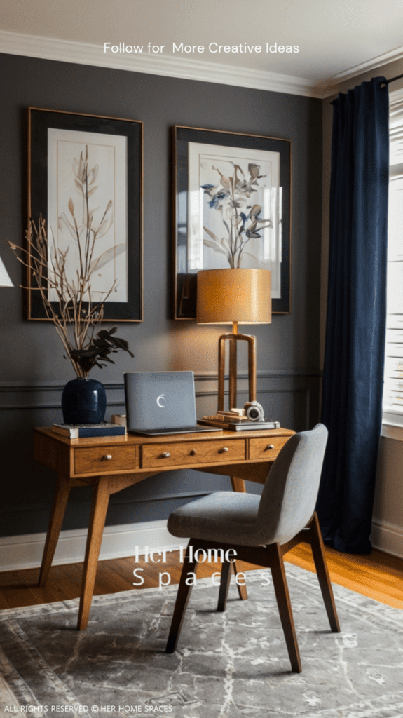  A stylish home office corner in a living room, showing how functional design can blend with personal style.