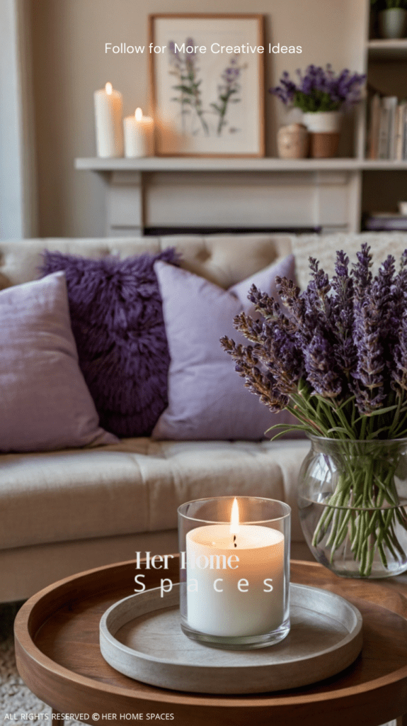 A cozy living room with a lavender-scented candle on a coffee table, creating a warm and inviting atmosphere.