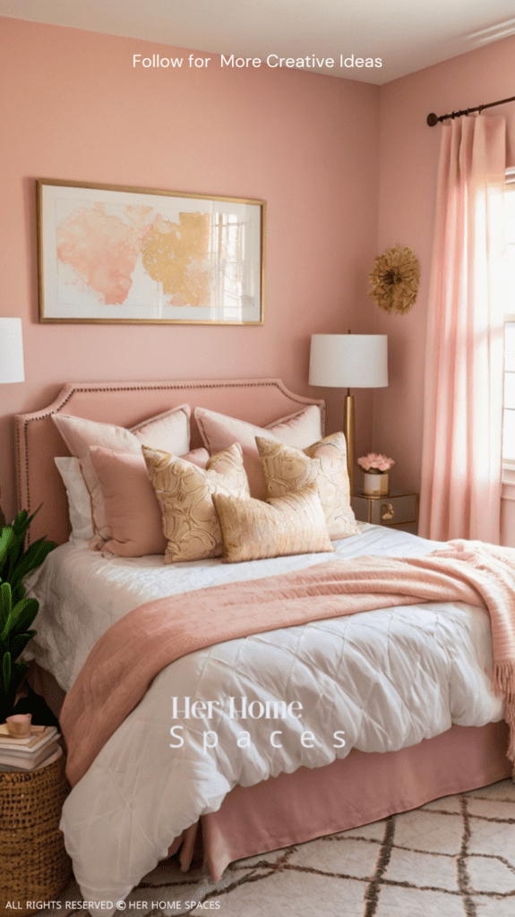 A cozy bedroom with blush pink walls, accented with white and gold decor, showcasing the power of color in personalizing a space.