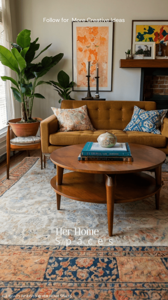 A living room with a mid-century modern sofa, an antique coffee table, and eclectic decor elements, showing how different styles can work together harmoniously.