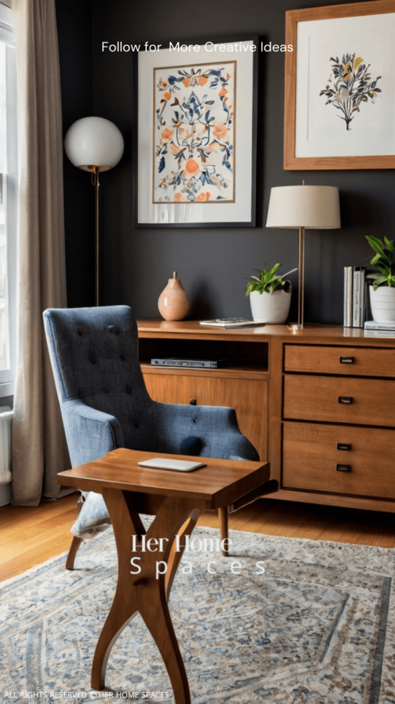  A stylish home office corner in a living room, showing how functional design can blend with personal style.